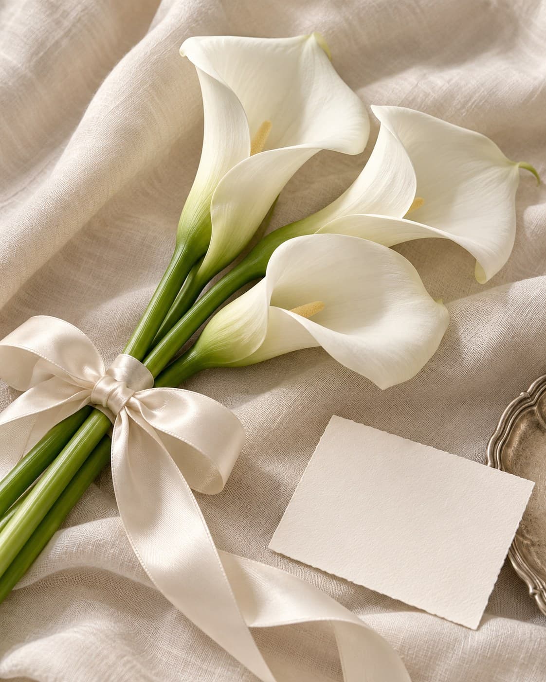 White calla lilies, an ivory ribbon and a blank card resting on natural linen.