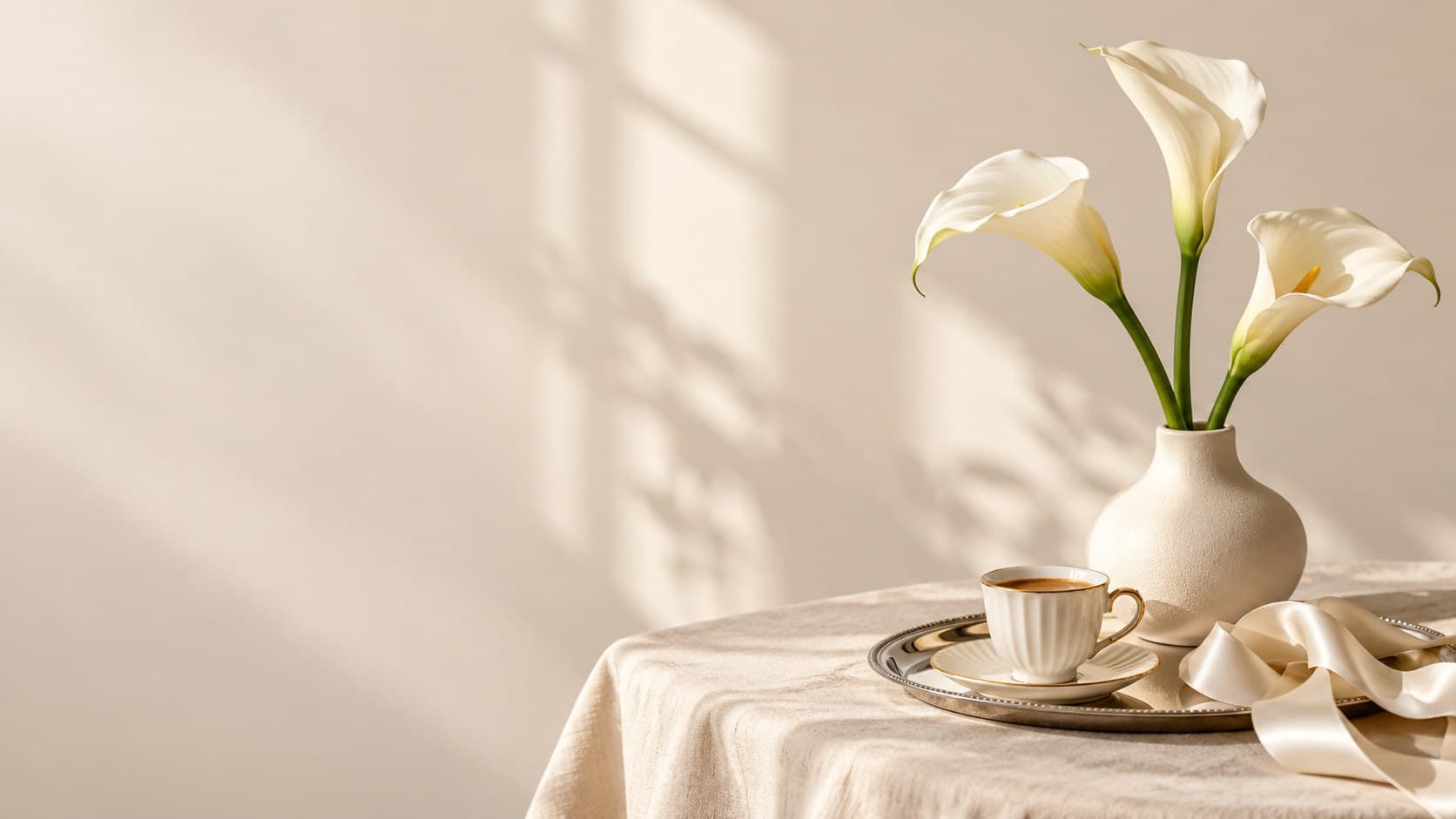 White calla lilies in a vase beside a cup of coffee on natural linen.